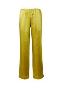 Geel, lichtgewicht, wijde broek met een elastische tailleband en een gladde textuur. Heeft een gestructureerde onderkant zonder verdere details.