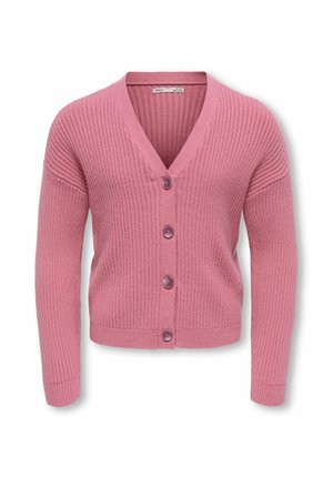 Pink ribstrikket cardigan med lange ærmer, V-hals og fire matchende knapper foran, vist på en hvid baggrund.