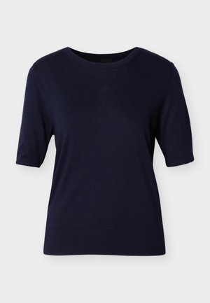 Μπλε μπλε πουλόβερ με κοντά μανίκια, στρογγυλή λαιμόκοψη, ριμπ μανσέτες και τελείωμα, κατασκευασμένο από λείο πλεκτό ύφασμα. Χωρίς εμφανή μοτίβα ή διακοσμητικά στοιχεία.