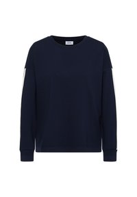Chemise à manches longues bleu marine avec des rayures blanches le long des manches, col rond et poignet côtelé, étiquetée "CECIL" à l'intérieur du col.