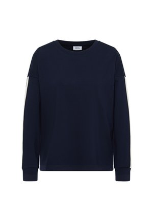 Navy blue long-sleeve shirt with white stripes down sleeves, crew neck, and ribbed cuffs, labeled "CECIL" inside collar.