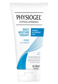Weißer Cremetubus mit blauen Akzenten, beschriftet mit "Physiogel Hypoallergenische tägliche Feuchtigkeitstherapie", der ein elegantes Design und ein blaues Wellenmuster aufweist.