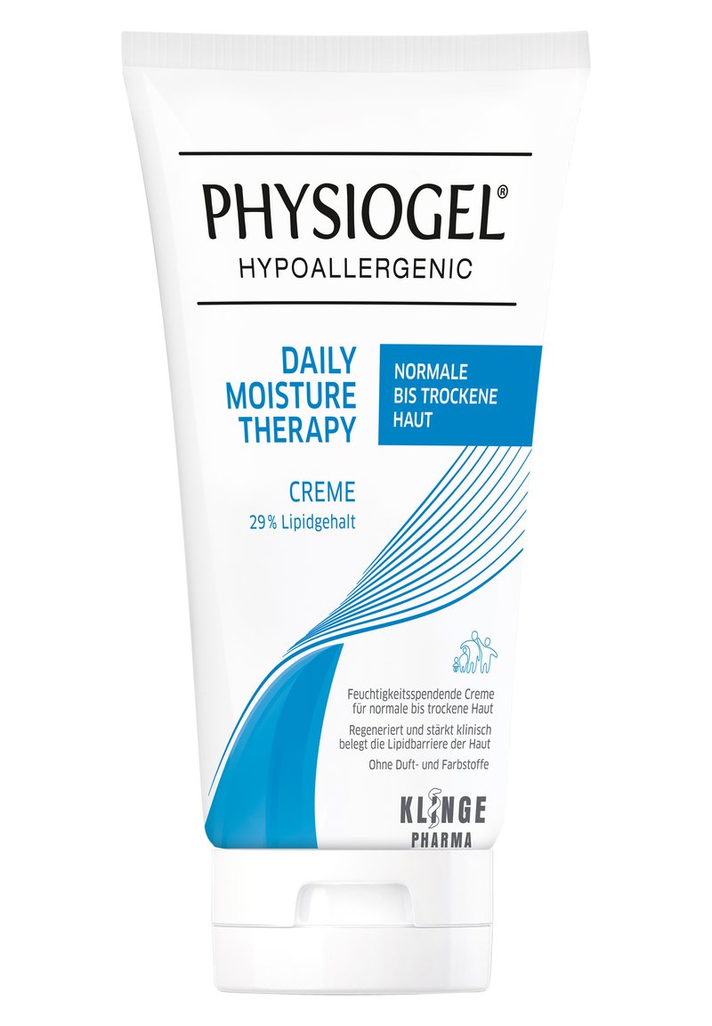 Weißer Cremetubus mit blauen Akzenten, beschriftet mit "Physiogel Hypoallergenische tägliche Feuchtigkeitstherapie", der ein elegantes Design und ein blaues Wellenmuster aufweist.