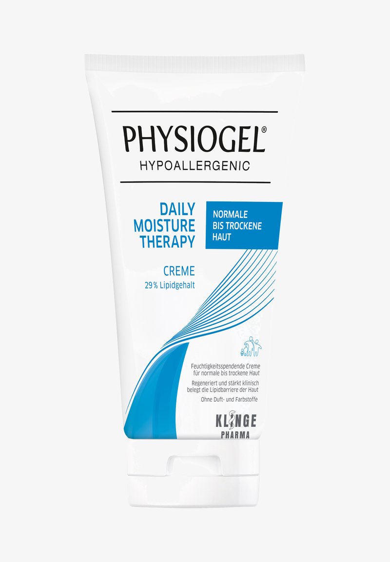 Weißer Cremetubus mit blauen Akzenten, beschriftet mit "Physiogel Hypoallergenische tägliche Feuchtigkeitstherapie", der ein elegantes Design und ein blaues Wellenmuster aufweist.