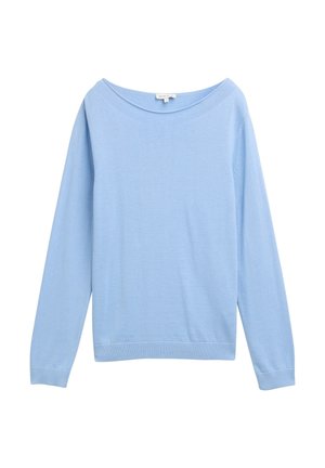 Pull bleu clair, manches longues, encolure large, ourlets et poignets côtelés, texture douce, design basique, sans motifs ni accessoires visibles.