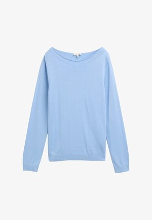 Helles blaues Sweatshirt, lange Ärmel, weiter Halsausschnitt, gerippter Saum und Bündchen, weiche Textur, einfaches Design, keine sichtbaren Muster oder Beschläge.