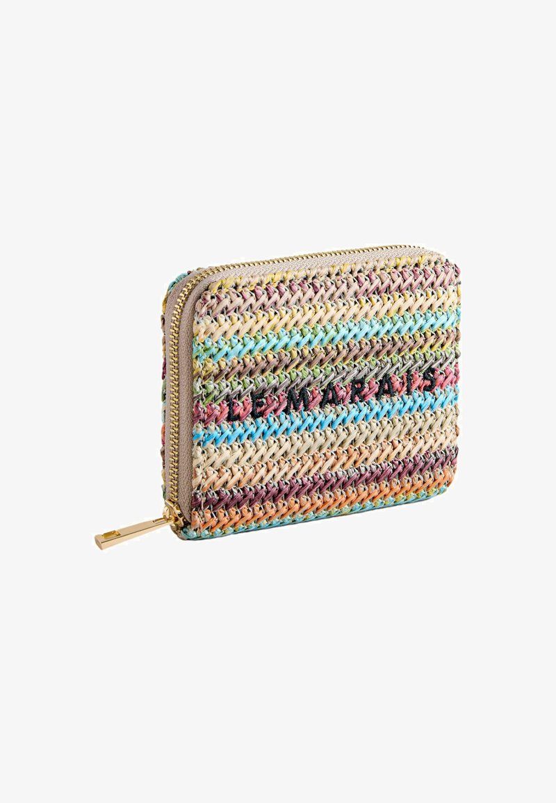 Woven fabric wallet with multicolored stripes, featuring a gold zipper and a logo accent. Rectangular shape and textured finish.