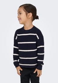 Pull bleu marine à rayures horizontales blanches, col rond, poignets et ourlet côtelés, confectionné dans un tissu tricoté texturé.