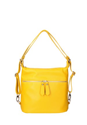 Borsa a mano in pelle giallo brillante con tasca frontale con zip, due manici e tracolla staccabile su sfondo bianco.