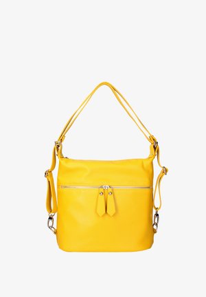 Borsa a mano in pelle giallo brillante con tasca frontale con zip, due manici e tracolla staccabile su sfondo bianco.