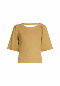 Top a maniche corte di colore oro realizzato in un tessuto testurizzato. Presenta un collo rotondo, maniche a sbuffo e un logo in basso a sinistra.