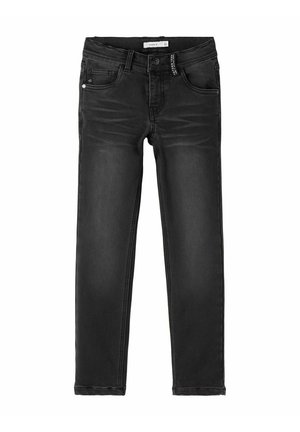 Sorte slim-fit jeans med knap- og lynlåslukning, for- og baglommer samt bæltestropper, vist fladt på en hvid baggrund.