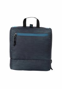 Grijze, rechthoekige tas van een gestructureerde stof, voorzien van een handvat aan de bovenkant, een blauwe ritsvak aan de voorkant en een dikke rits aan de bovenkant.