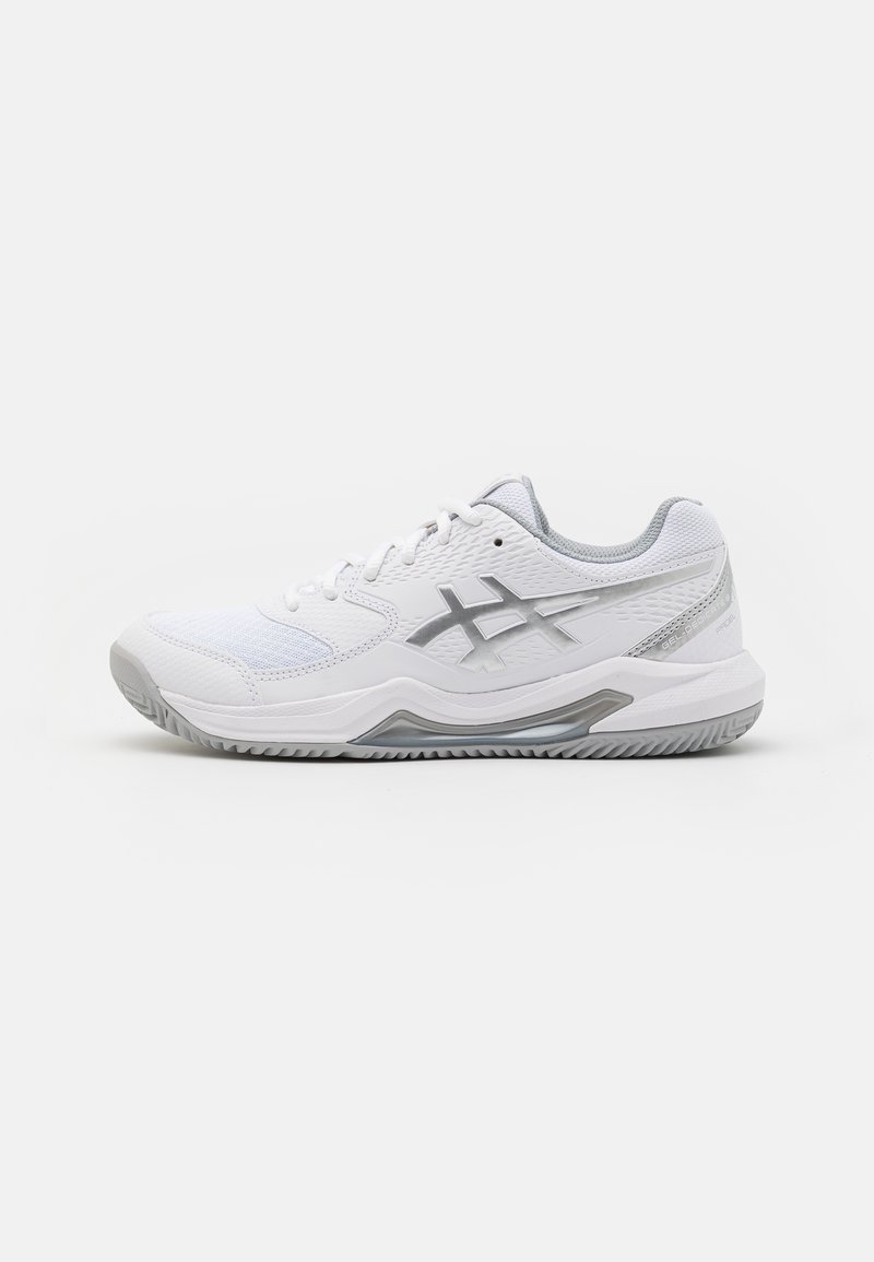 White athletic shoe features a mesh upper, silver accents, textured synthetic overlays, and a rubber sole with a zigzag pattern.
