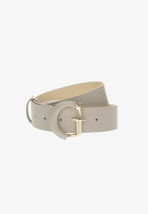 Cintura in pelle grigia chiara con fibbia circolare dorata e logo. Texture liscia, regolabile con più fori per una vestibilità ottimale.