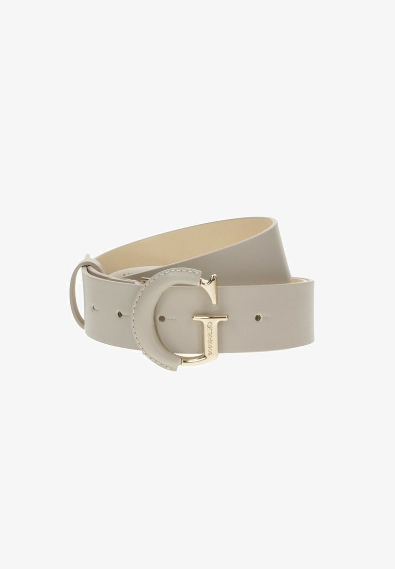 Cinturón de cuero gris claro con una hebilla circular dorada que presenta un logo. Textura suave, ajustable con múltiples agujeros para un mejor ajuste.