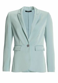 Blazer femme bleu clair à un seul bouton, avec revers crantés et poches à rabat, coupe cintrée.