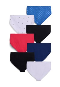 Eight pairs of women's brief-style underwear in black, navy, red, white with polka dots, and blue with heart patterns. Cotton blend, varied colors.