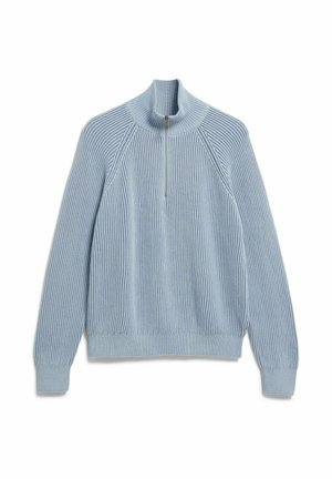 Lichtblauwe trui met een ritssluiting en geribbelde textuur, lange mouwen en een aangesloten zoom. Voorzien van een subtiel ontwerp en minimalistische hardware.