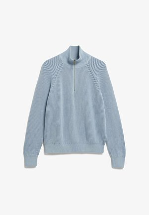 Lichtblauwe trui met een ritssluiting en geribbelde textuur, lange mouwen en een aangesloten zoom. Voorzien van een subtiel ontwerp en minimalistische hardware.