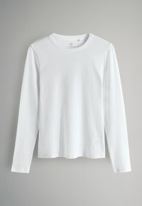Weißes Langarm-T-Shirt aus geripptem Stoff, mit Rundhalsausschnitt und geradem Saum. Schlichtes Design ohne sichtbare Muster oder Akzente.