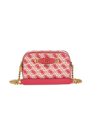 Prostokątna różowo-beżowa torba na ramię z wzorzystej tkaniny, z paskiem na łańcuszku w kolorze złota i centralnym złotym logo "G" na przednim panelu.