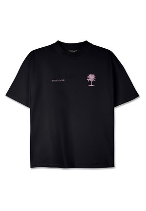 Black short-sleeve t-shirt made of cotton with a crew neck. Features a pink palm tree graphic on the chest and "PEGADOR" text in pink.