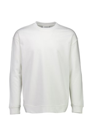 Sudadera blanca hecha de tejido suave, con un escote redondo, mangas largas y dobladillo recto, con puños acanalados y un diseño minimalista.