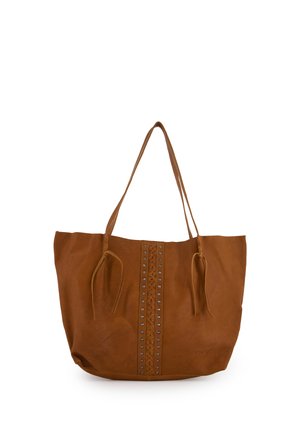 Brun læder tote taske med to lange håndtag, central flettet stribe med metal nitter og side frynser, mærket "Venezia" i nederste hjørne.