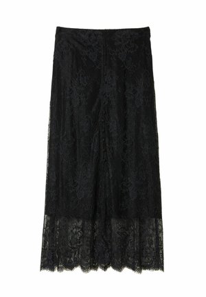 Black lace skirt with a floral design, featuring a scalloped hem and button detailing along the front. Semi-transparent texture.