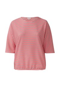 Rood-wit gestreepte top met korte mouwen, een losse pasvorm, ronde halslijn en een gladde stoftextuur. Eenvoudig en casual ontwerp.
