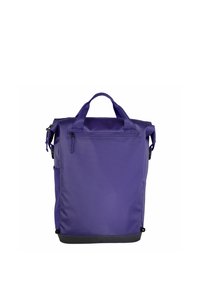 Zaino impermeabile viola con chiusura a rotolo, tasca frontale con cerniera e manici robusti. Tessuto strutturato e pannello inferiore grigio solido.