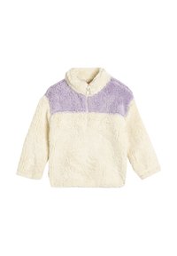 Pull en moleton color crème et lavande à bloc, avec un col zippé, mettant en avant un tissu doux et texturé et des manches longues.