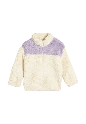 Pull en moleton color crème et lavande à bloc, avec un col zippé, mettant en avant un tissu doux et texturé et des manches longues.