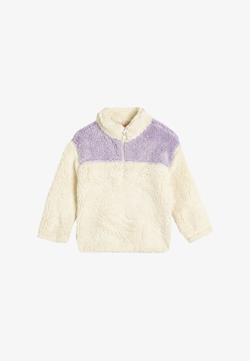 Pullover in pile color block crema e lavanda con colletto zip, caratterizzato da un tessuto morbido e strutturato e maniche lunghe.