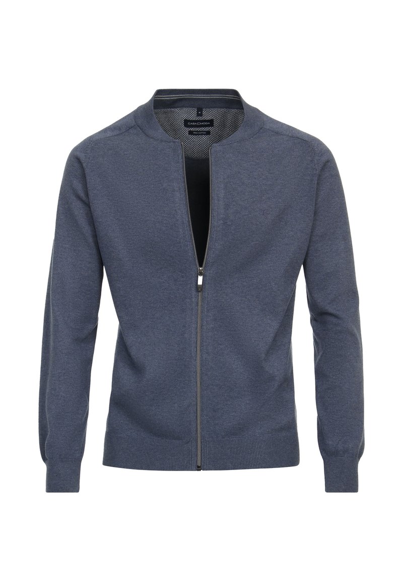 Grå zip-up cardigan med rund krave og lange ærmer. Fremstillet af blødt stof med en glat tekstur. Har en front lynlås og ribbede manchetter.