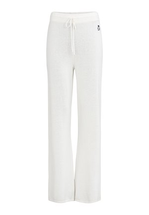 Pantalon blanc à jambes larges avec taille à cordon et petit logo noir sur la hanche droite, présenté sur un fond blanc.