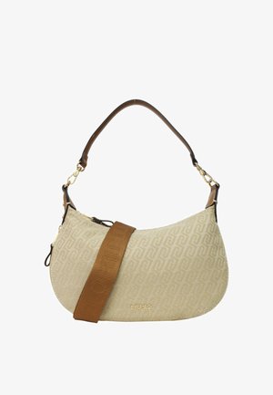 Beige handtas in halvemaanvorm met reliëfpatroon, bruine verstelbare band, lederen handvat en een gouden Liu Jo-logo aan de voorkant.