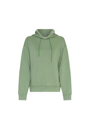 Jasnozielona bluza z kapturem i kieszenią typu kangurka z przodu oraz sznurkami, z prążkowanymi mankietami i dołem, prezentowana na białym tle.
