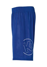 Blaue Mesh-Sportshorts mit einem elastischen Taillenbund, ausgestattet mit einem großen weißen Logo auf der linken Seite. Texturiertes, atmungsaktives Material.