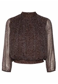 Blusa trasparente marrone con maniche lunghe, colletto alto e vita arricciata. Presenta un sottile motivo geometrico in tonalità più chiare per aggiungere texture.