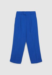 Pantaloni su misura blu con taglio dritto, pieghe davanti e orlo risvoltato. Realizzati in tessuto liscio per un aspetto strutturato.