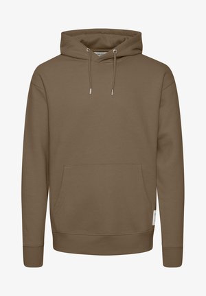 Brun bomulds-hættetrøje med en forlommes, snor i hætten, ribbede håndled og kant. Glat tekstur, minimalistisk design.