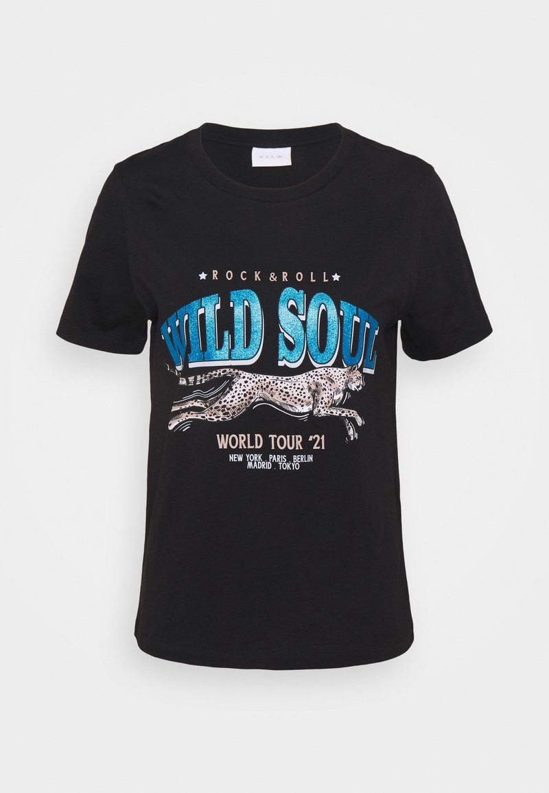 Černé bavlněné tričko s grafickým potiskem skákajícího leopardu, s nápisy "WILD SOUL" a "WORLD TOUR '21" v modrém a bílém písmu.