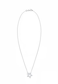 Silbernes Schmuckkette mit einem mehrschichtigen Sternanhänger, der eine glatte Oberfläche und funkelnde Details aufweist. Mit einem Karabinerverschluss.