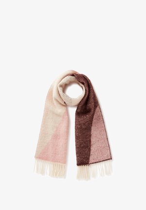 Woven wool scarf featuring a geometric design in shades of pink, cream, and burgundy with fringed edges for added texture.
