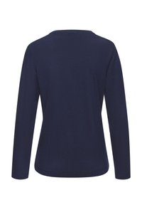 Long-sleeve navy blue top with a crew neckline and smooth fabric. The design is simple, with no visible patterns or embellishments.