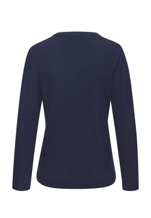 Long-sleeve navy blue top with a crew neckline and smooth fabric. The design is simple, with no visible patterns or embellishments.