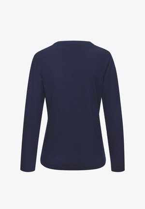 Long-sleeve navy blue top with a crew neckline and smooth fabric. The design is simple, with no visible patterns or embellishments.