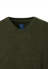 Oliwkowy sweter w serek, wykonany z teksturowanej przędzy. Posiada metkę z niebieskim logo i podszewkę kołnierza w paski. Miły w dotyku i casualowy design.